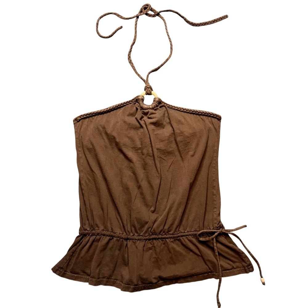 Energie y2k Halter Top Large Brown Braided O-Ring Peplum Vintage Boho